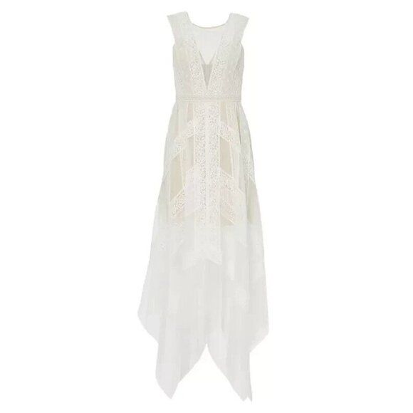 NWT BCBG MaxAzria Andi in Off White Nude Lace Handkerchief Hem Sheer Dress 10